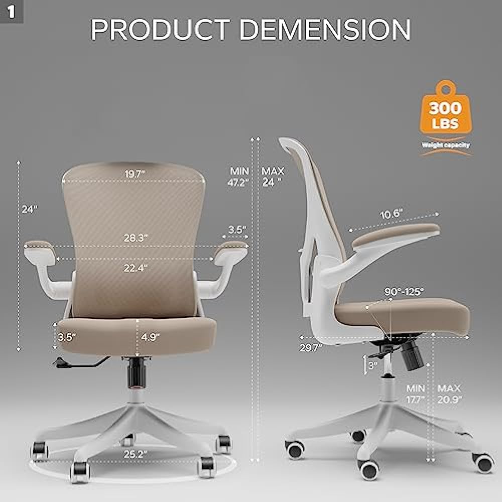 SICHY AGE Mid Back Ergonomic Chair For Computer Home Desk with Flip-Armrest & Cushion for Lumbar Support, Thickened Cushion Desk Chairs Khaki