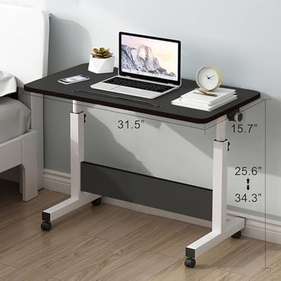 Rolling Desk Adjustable Height,Rolling Computer Cart,Portable Laptop Desk,Small Adjustable Home Office Desk,Rolling Laptop Desk,Small Portable Desk (Black Desktop and White Legs, 31.5 * 15.7")