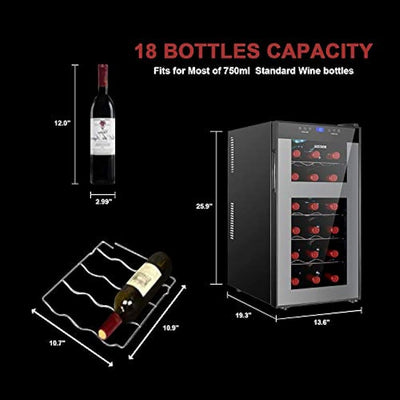 maisee Wine Fridge Dual Zone,18 Bottles Wine Cooler Refrigerator Chiller Upper Zone 46f-54f Lower Zone 54f-65f for Red White Wine Champagne in Home Office Bedroom Countertop （18 Bottles,Black