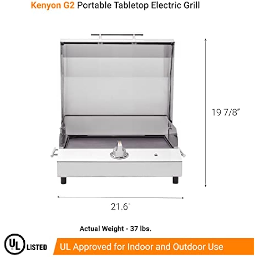 Kenyon G2 Portable Tabletop Electric Grill, 1440W Single Burner, Stainless Steel Body, Cast Aluminum Grate, UL Approved Grill For Indoor And Outdoor Use, Removable Lid, Dishwasher Safe, 120Volts