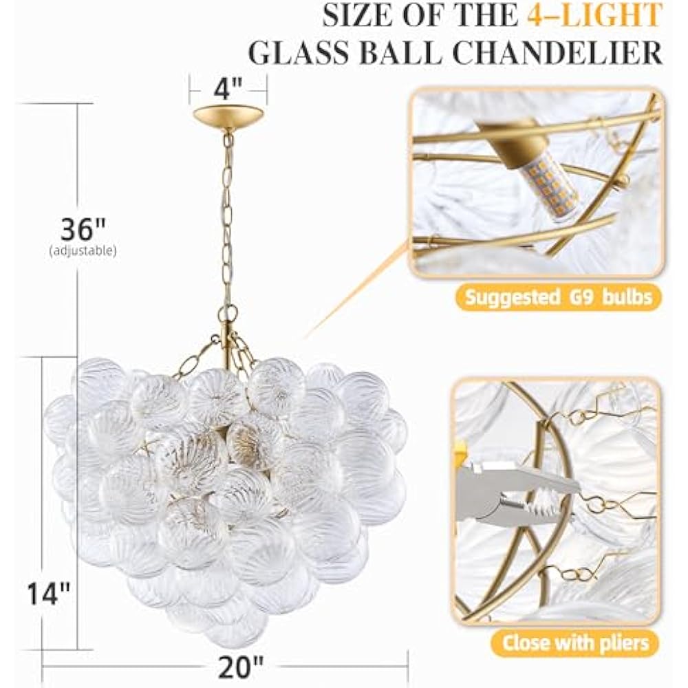 Longree Nordic Bubble Ball Swirled Glass Chandelier, Dia 20 inch Gild Gold and Clear Blown Glass Small Pendant Light Fixture for Bedroom Study Restaurant