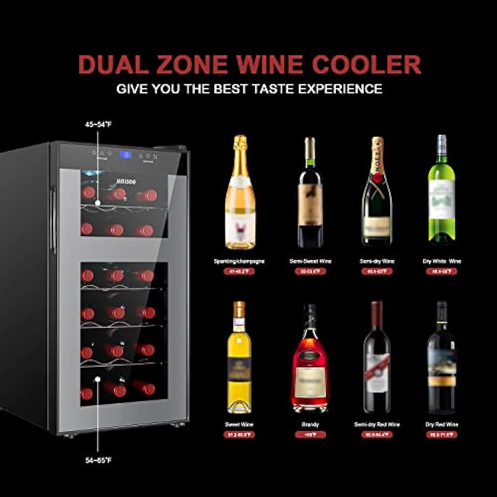 maisee Wine Fridge Dual Zone,18 Bottles Wine Cooler Refrigerator Chiller Upper Zone 46f-54f Lower Zone 54f-65f for Red White Wine Champagne in Home Office Bedroom Countertop （18 Bottles,Black