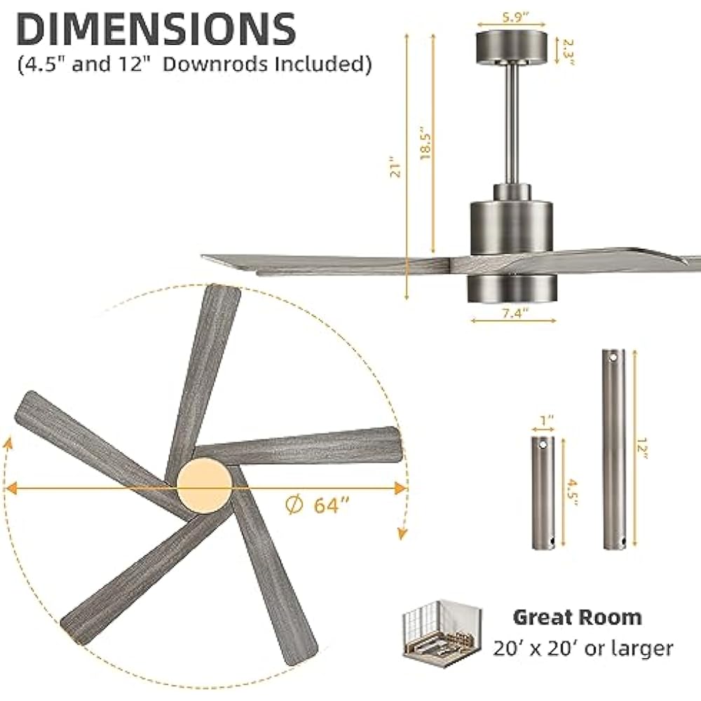 WINGBO 64" ABS DC Ceiling Fan with Lights, 5 Blade ABS Wood Grain Ceiling Fan with Remote, 6-Speed Reversible DC Motor, LED Ceiling Fan for Kitchen Bedroom Living Room, Antique Nickel and Grey