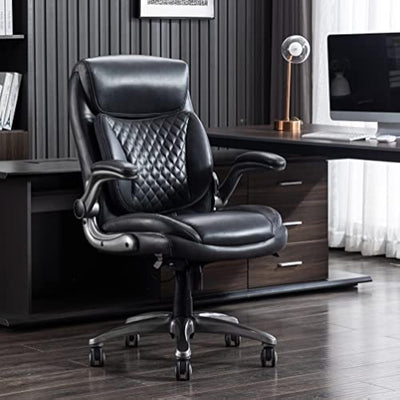 Amazon Basics Ergonomic Executive Office Desk Chair with Flip-up Armrests, Adjustable Height, Tilt and Lumbar Support, 29.5"D x 28"W x 43"H, Grey Bonded Leather (Previously AmazonCommercial brand)