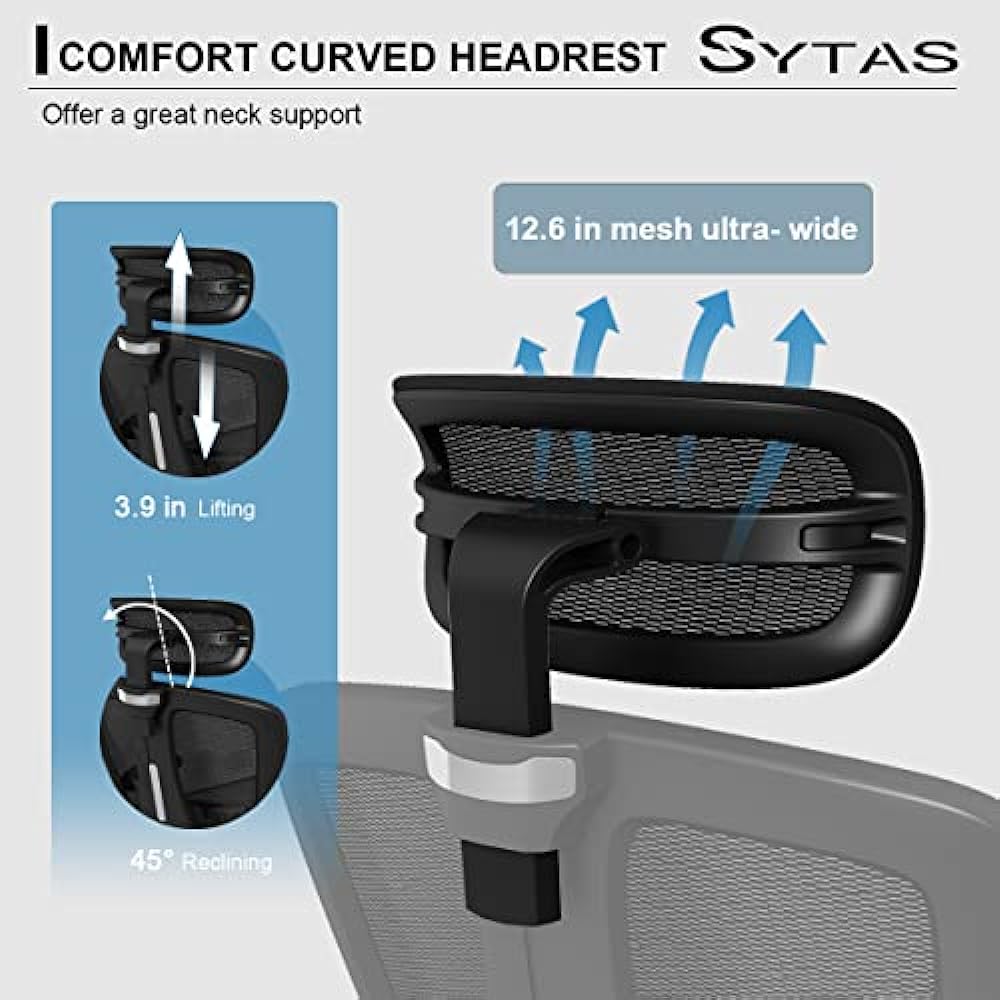 Sytas Ergonomic Office Chair, Home Office Desk Chair with Lumbar Support and Adjustable Headrest, High Back Mesh Computer Chair with Thickened Cushion, 90°-145°Tilt Function, Black