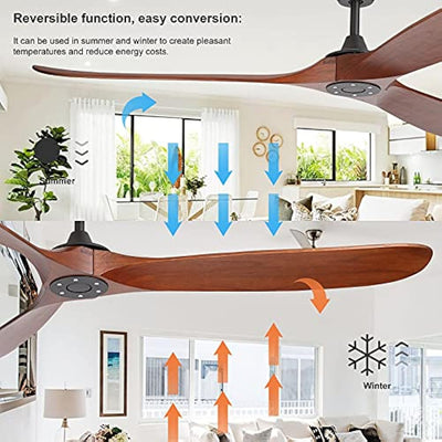 reiga 70 Inch Large Ceiling Fan with 3 Wood Blades, Outdoor High Airflow Silent Smart Ceiling Fans with Remote Control for Exterior House Porch