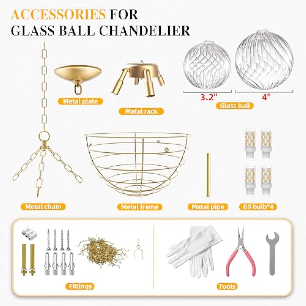 Longree Nordic Bubble Ball Swirled Glass Chandelier, Dia 20 inch Gild Gold and Clear Blown Glass Small Pendant Light Fixture for Bedroom Study Restaurant