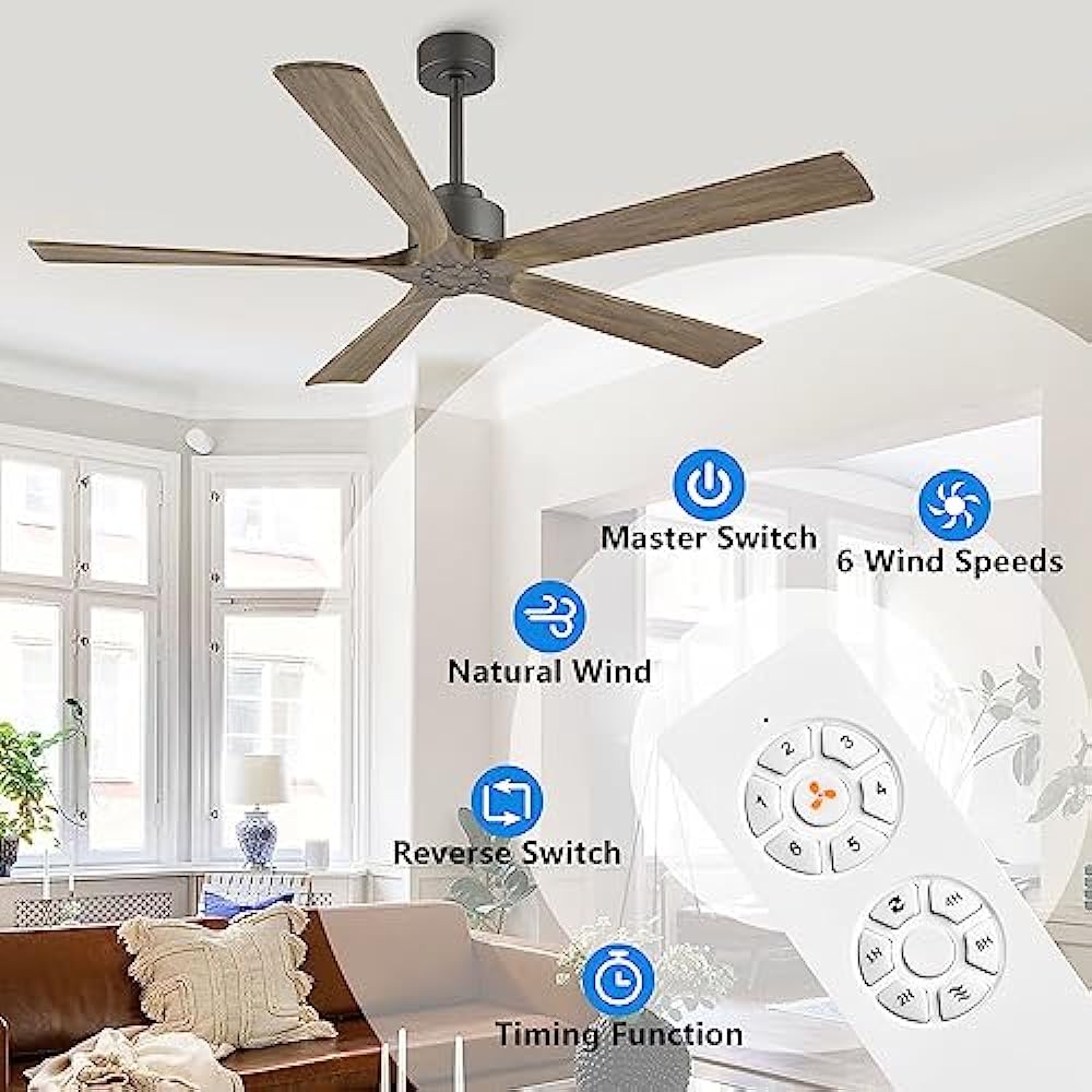ELEHINSER 60 Inch Modern Ceiling Fan without Light, 5 Solid Wood Blades 6-Speed Noiseless Reversible DC Motor, Ceiling Fan with Remote Control for Bedroom Living Room, Charcoal Finish with Wood Blade