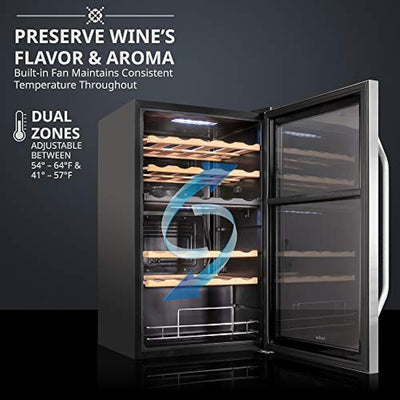 Ivation 33 Bottle Dual Zone Wine Cooler Refrigerator w/Lock | Large Freestanding Wine Cellar For Red, White, Champagne & Sparkling Wine | 41f-64f Digital Temperature Control Fridge Stainless Steel
