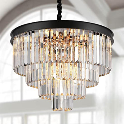 A AXILIXI Modern Crystal Chandeliers 24" Round Top K9 Crystals Chandelier Adjustable Ceiling Light Fixture 4-Tier K9 Crystal Pendant Lamp 12-Light for Dinning Room Living Room Foyer