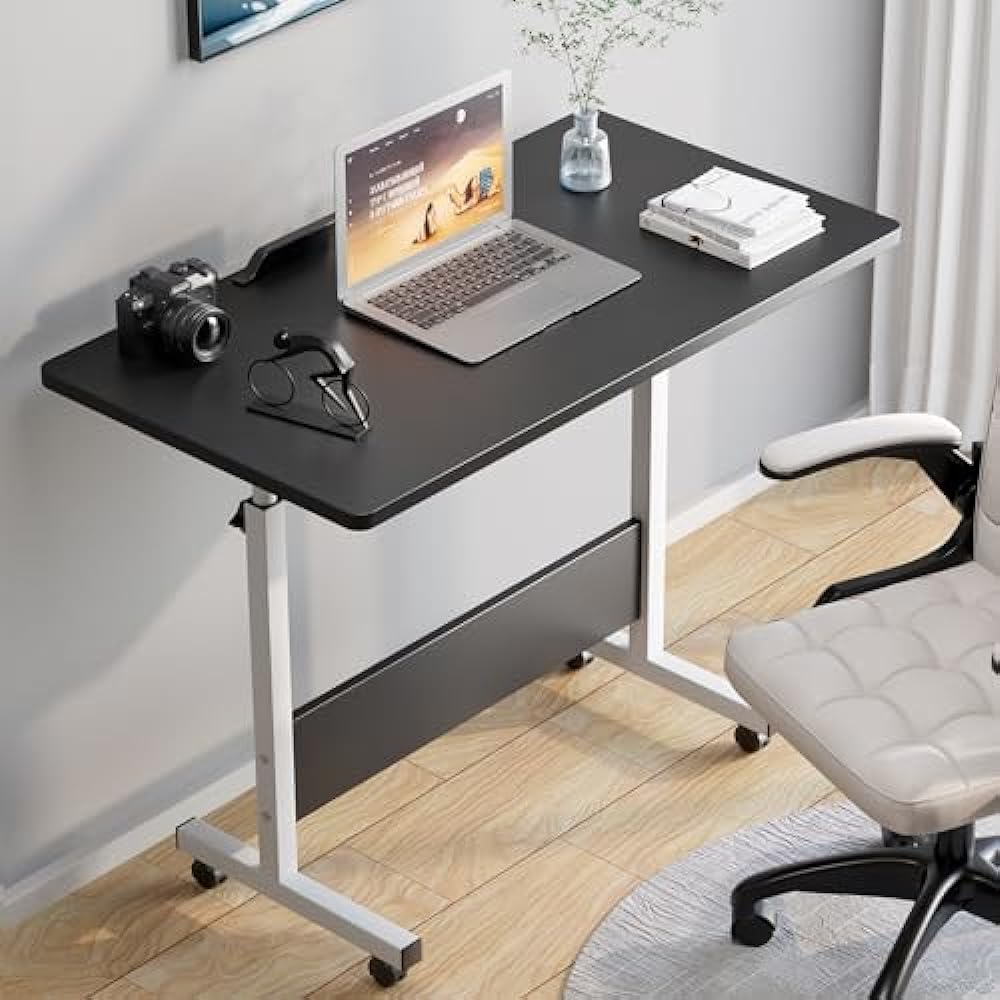 Rolling Desk Adjustable Height,Rolling Computer Cart,Portable Laptop Desk,Small Adjustable Home Office Desk,Rolling Laptop Desk,Small Portable Desk (Black Desktop and White Legs, 31.5 * 15.7")
