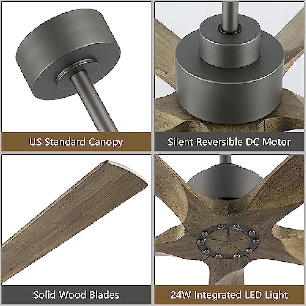 ELEHINSER 60 Inch Modern Ceiling Fan without Light, 5 Solid Wood Blades 6-Speed Noiseless Reversible DC Motor, Ceiling Fan with Remote Control for Bedroom Living Room, Charcoal Finish with Wood Blade
