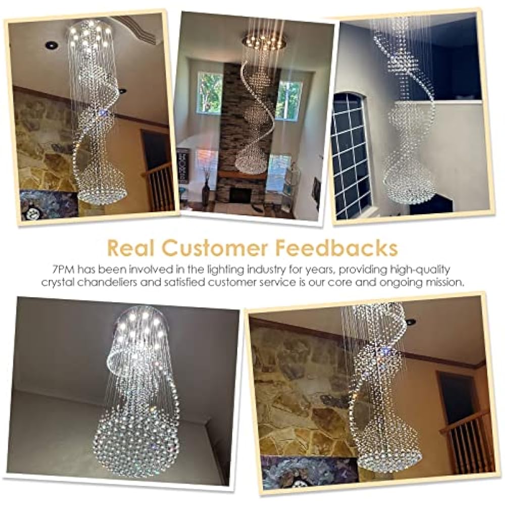 7PM Crystal Chandelier, Modern Large Spiral Raindrop Chandeliers, Flush Mount Pendant Light Fixture, Big Chandelier for High Ceiling, Entryway, Staircase, Foyer, Entrance D31.5 X H94.5