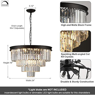 A AXILIXI Modern Crystal Chandeliers 24" Round Top K9 Crystals Chandelier Adjustable Ceiling Light Fixture 4-Tier K9 Crystal Pendant Lamp 12-Light for Dinning Room Living Room Foyer
